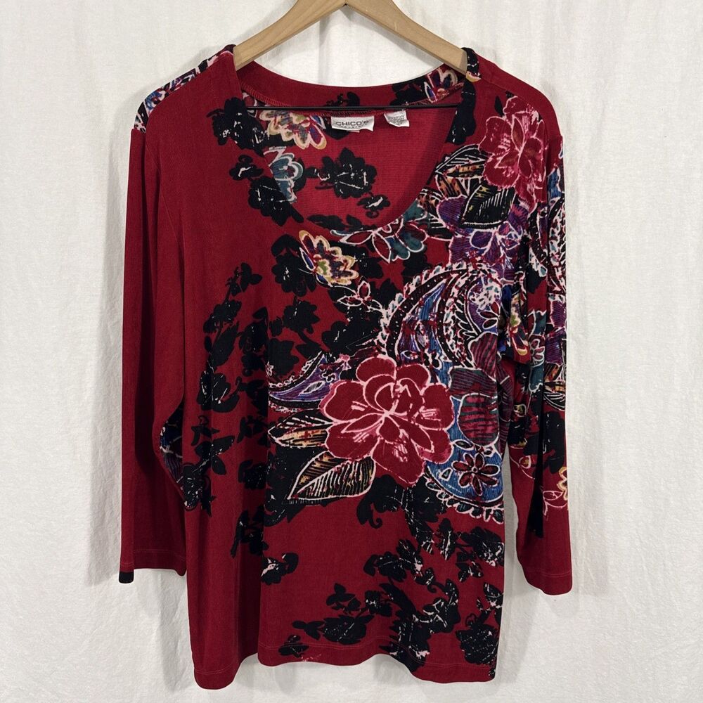 Chicos Travelers Womens Sz 3 Red Floral Slinky 3/4 Sleeve Top Womens Sz XL
